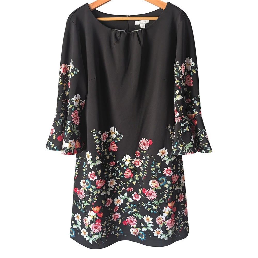 New York & Company Dress Women XL Black Floral Bell Sleeve Scoop Neck Shift